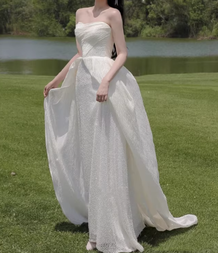 Ethereal Strapless Ivory Flowy Train Sheath Wedding Dress TP5592