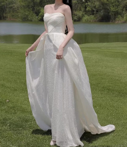 Ethereal Strapless Ivory Flowy Train Sheath Wedding Dress TP5592