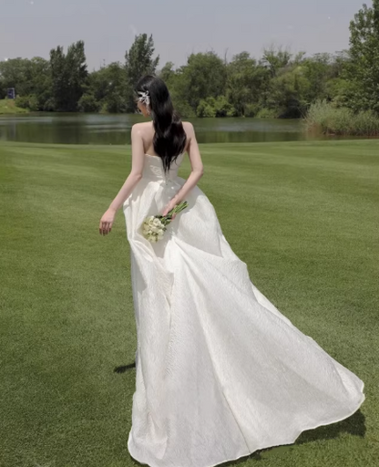 Ethereal Strapless Ivory Flowy Train Sheath Wedding Dress TP5592