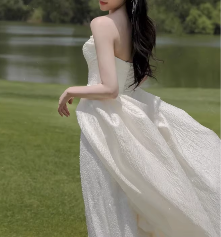 Ethereal Strapless Ivory Flowy Train Sheath Wedding Dress TP5592