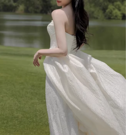 Ethereal Strapless Ivory Flowy Train Sheath Wedding Dress TP5592