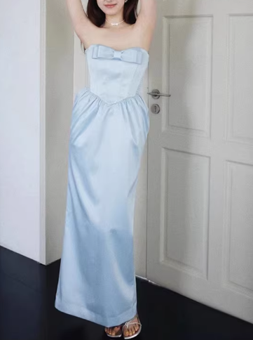 Elegant Strapless Light Blue Satin Evening Gown Bow Detail Side Pockets Prom Dress TP5594