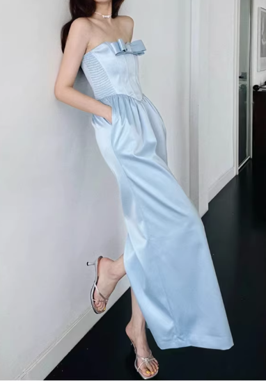 Elegant Strapless Light Blue Satin Evening Gown Bow Detail Side Pockets Prom Dress TP5594