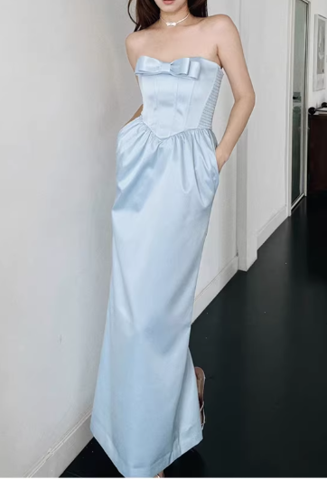 Elegant Strapless Light Blue Satin Evening Gown Bow Detail Side Pockets Prom Dress TP5594