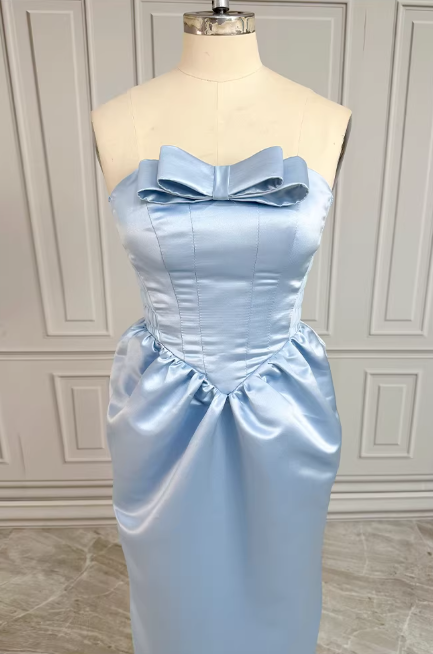 Elegant Strapless Light Blue Satin Evening Gown Bow Detail Side Pockets Prom Dress TP5594