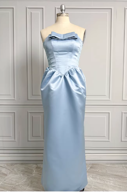 Elegant Strapless Light Blue Satin Evening Gown Bow Detail Side Pockets Prom Dress TP5594
