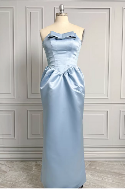 Elegant Strapless Light Blue Satin Evening Gown Bow Detail Side Pockets Prom Dress TP5594