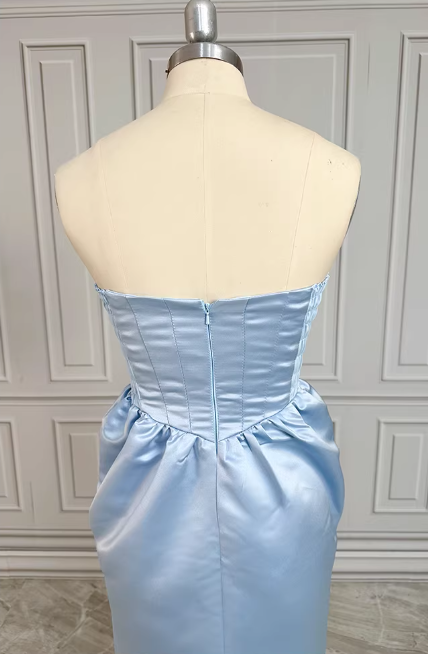 Elegant Strapless Light Blue Satin Evening Gown Bow Detail Side Pockets Prom Dress TP5594