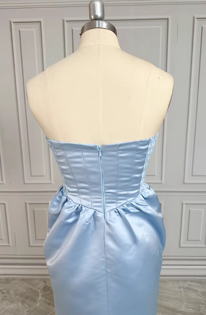 Elegant Strapless Light Blue Satin Evening Gown Bow Detail Side Pockets Prom Dress TP5594