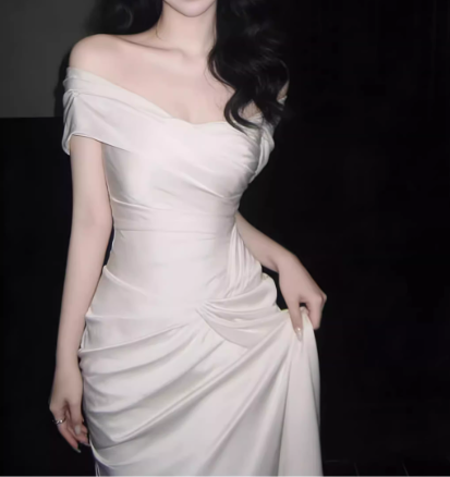 Elegant Off-Shoulder Ivory Satin Midi Sheath Prom Dress TP5595