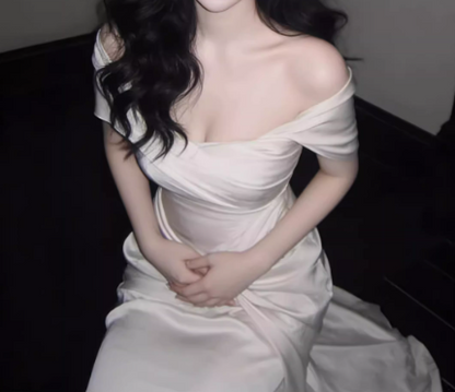 Elegant Off-Shoulder Ivory Satin Midi Sheath Prom Dress TP5595