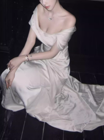 Elegant Off-Shoulder Ivory Satin Midi Sheath Prom Dress TP5595