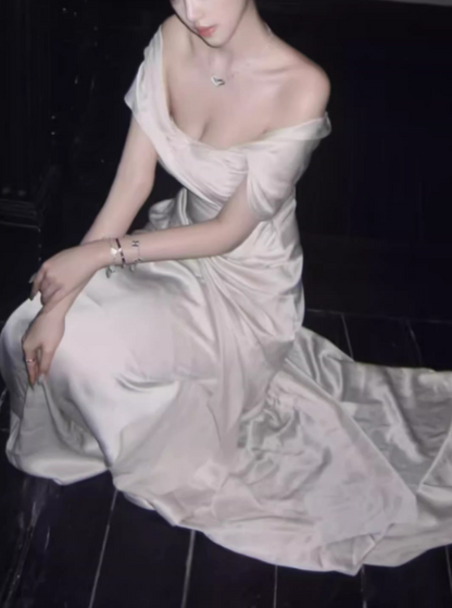 Elegant Off-Shoulder Ivory Satin Midi Sheath Prom Dress TP5595