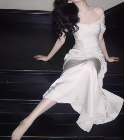 Elegant Off-Shoulder Ivory Satin Midi Sheath Prom Dress TP5595