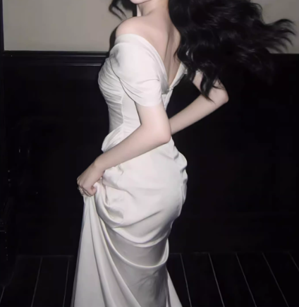 Elegant Off-Shoulder Ivory Satin Midi Sheath Prom Dress TP5595