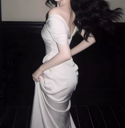 Elegant Off-Shoulder Ivory Satin Midi Sheath Prom Dress TP5595