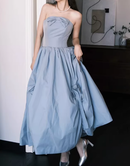 Chic Strapless Dusty Blue Taffeta Midi Bow Accent & A-Line Prom Dress TP5596