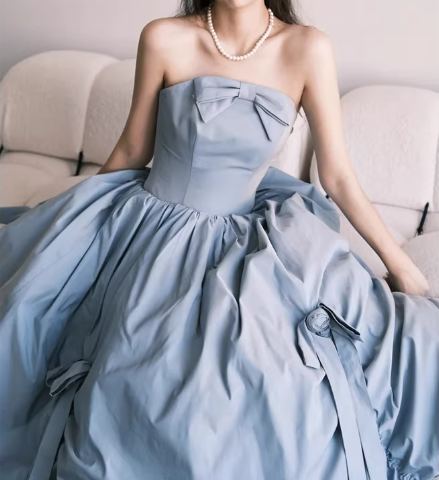 Chic Strapless Dusty Blue Taffeta Midi Bow Accent & A-Line Prom Dress TP5596