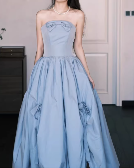 Chic Strapless Dusty Blue Taffeta Midi Bow Accent & A-Line Prom Dress TP5596