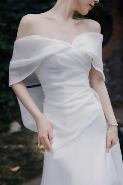 Elegant Off-Shoulder Ivory Chiffon Draped Flowy Train Sheath Wedding Dress TP5597
