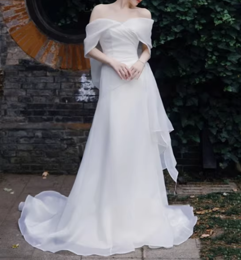 Elegant Off-Shoulder Ivory Chiffon Draped Flowy Train Sheath Wedding Dress TP5597