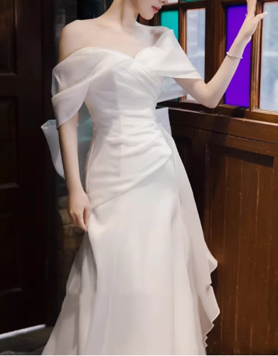 Elegant Off-Shoulder Ivory Chiffon Draped Flowy Train Sheath Wedding Dress TP5597