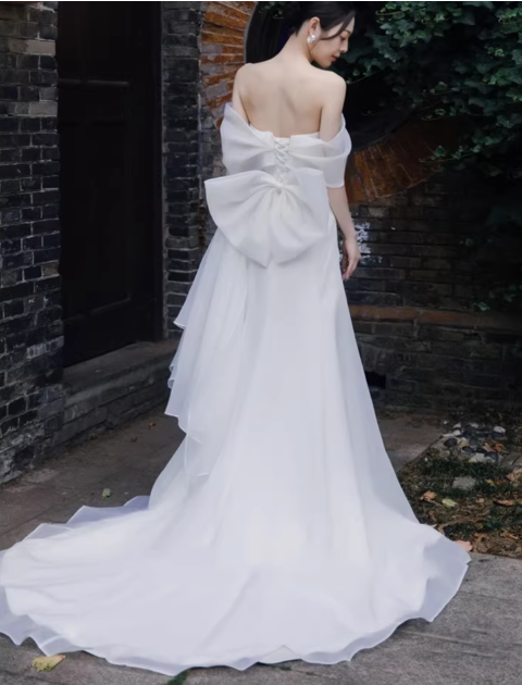 Elegant Off-Shoulder Ivory Chiffon Draped Flowy Train Sheath Wedding Dress TP5597