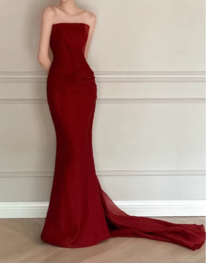 Glamorous Strapless Burgundy Evening Gown Mermaid Ruched Prom Dress TP5599