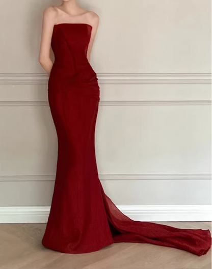 Glamorous Strapless Burgundy Evening Gown Mermaid Ruched Prom Dress TP5599