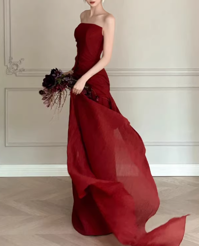 Glamorous Strapless Burgundy Evening Gown Mermaid Ruched Prom Dress TP5599