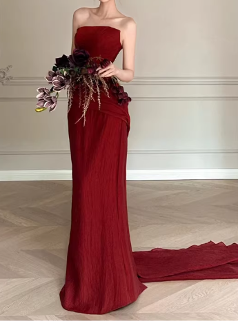 Glamorous Strapless Burgundy Evening Gown Mermaid Ruched Prom Dress TP5599