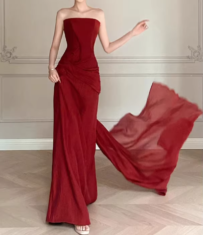 Glamorous Strapless Burgundy Evening Gown Mermaid Ruched Prom Dress TP5599