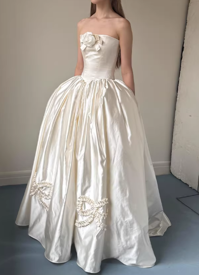 Elegant Strapless Ivory Satin 3D Floral & Bow A-Line Wedding Dress TP5600