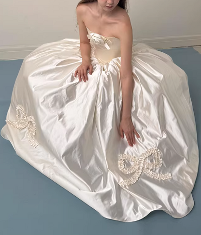 Elegant Strapless Ivory Satin 3D Floral & Bow A-Line Wedding Dress TP5600