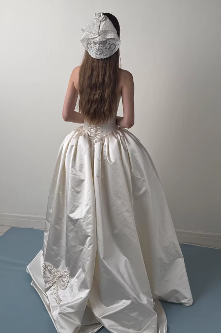 Elegant Strapless Ivory Satin 3D Floral & Bow A-Line Wedding Dress TP5600