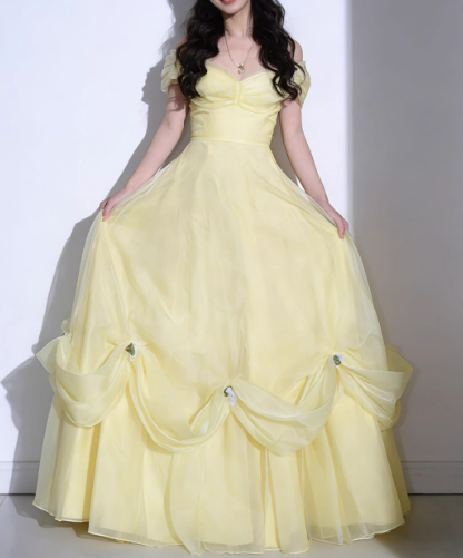 Enchanting Off-Shoulder Lemon Yellow Tulle Ruffled Sweet 16 Quinceanera Ball Gown TP5604