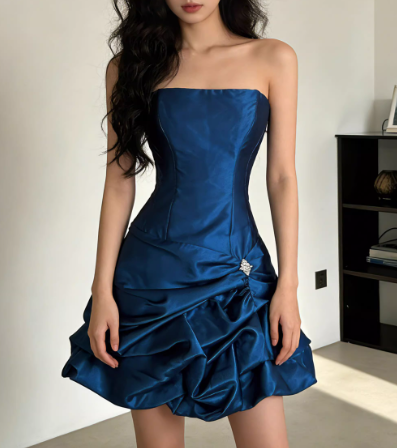 Glamorous Strapless Royal Blue Satin Ruched Beaded Homecoming Dress Cocktail Dress TP5605