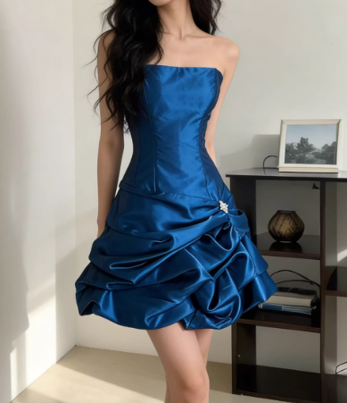 Glamorous Strapless Royal Blue Satin Ruched Beaded Homecoming Dress Cocktail Dress TP5605