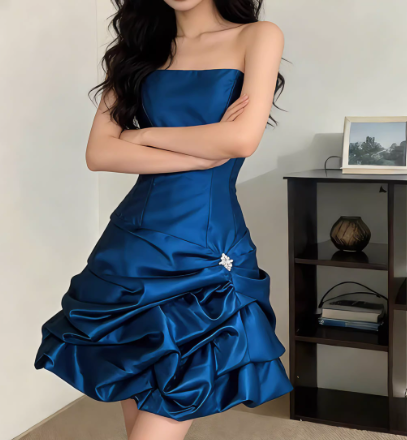 Glamorous Strapless Royal Blue Satin Ruched Beaded Homecoming Dress Cocktail Dress TP5605