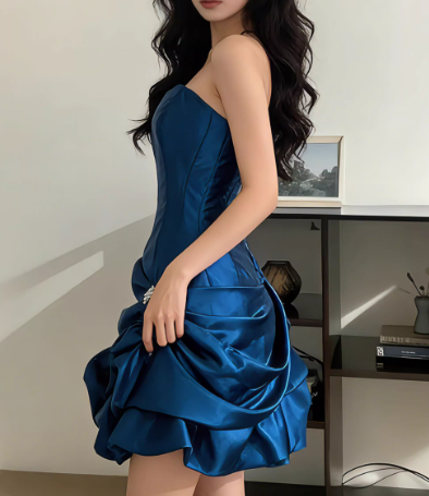 Glamorous Strapless Royal Blue Satin Ruched Beaded Homecoming Dress Cocktail Dress TP5605