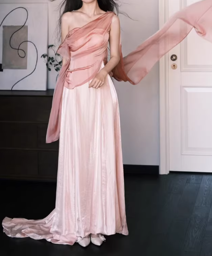 Elegant One-Shoulder Pink Satin Evening Gown Draped Capelet Flowy Train Prom Dress TP5606