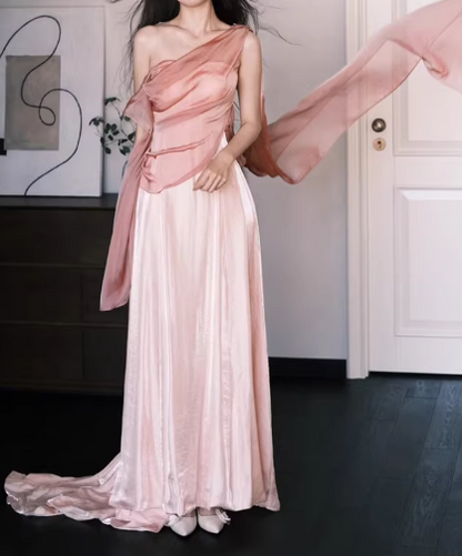 Elegant One-Shoulder Pink Satin Evening Gown Draped Capelet Flowy Train Prom Dress TP5606