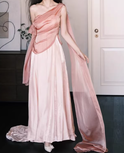 Elegant One-Shoulder Pink Satin Evening Gown Draped Capelet Flowy Train Prom Dress TP5606
