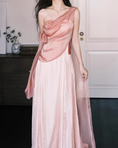 Elegant One-Shoulder Pink Satin Evening Gown Draped Capelet Flowy Train Prom Dress TP5606