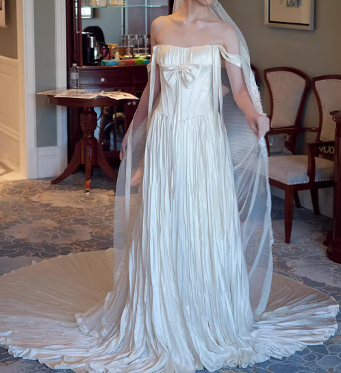 Chic Strapless Ivory Pleated Satin Bow Accent Dramatic Train Wedding Dress TP5607