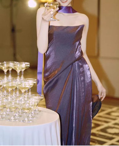Chic Purple Metallic Strapless Sheath Prom Dress TP5608