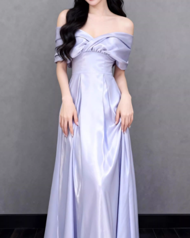 Glamorous Soft Lavender Satin Off-the-Shoulder Ruched Prom Dress TP5614