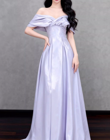 Glamorous Soft Lavender Satin Off-the-Shoulder Ruched Prom Dress TP5614