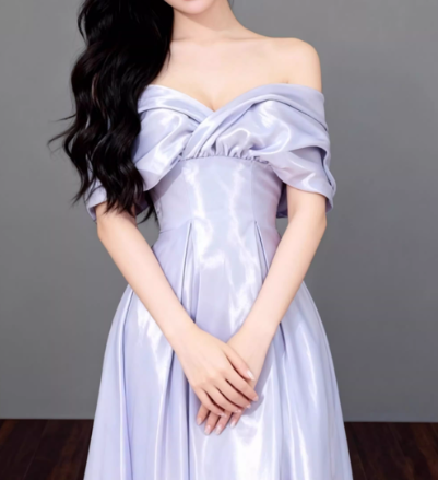Glamorous Soft Lavender Satin Off-the-Shoulder Ruched Prom Dress TP5614