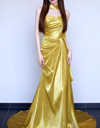 Glamorous Gold Satin Evening Gown Strapless with Train Prom Dress TP5615
